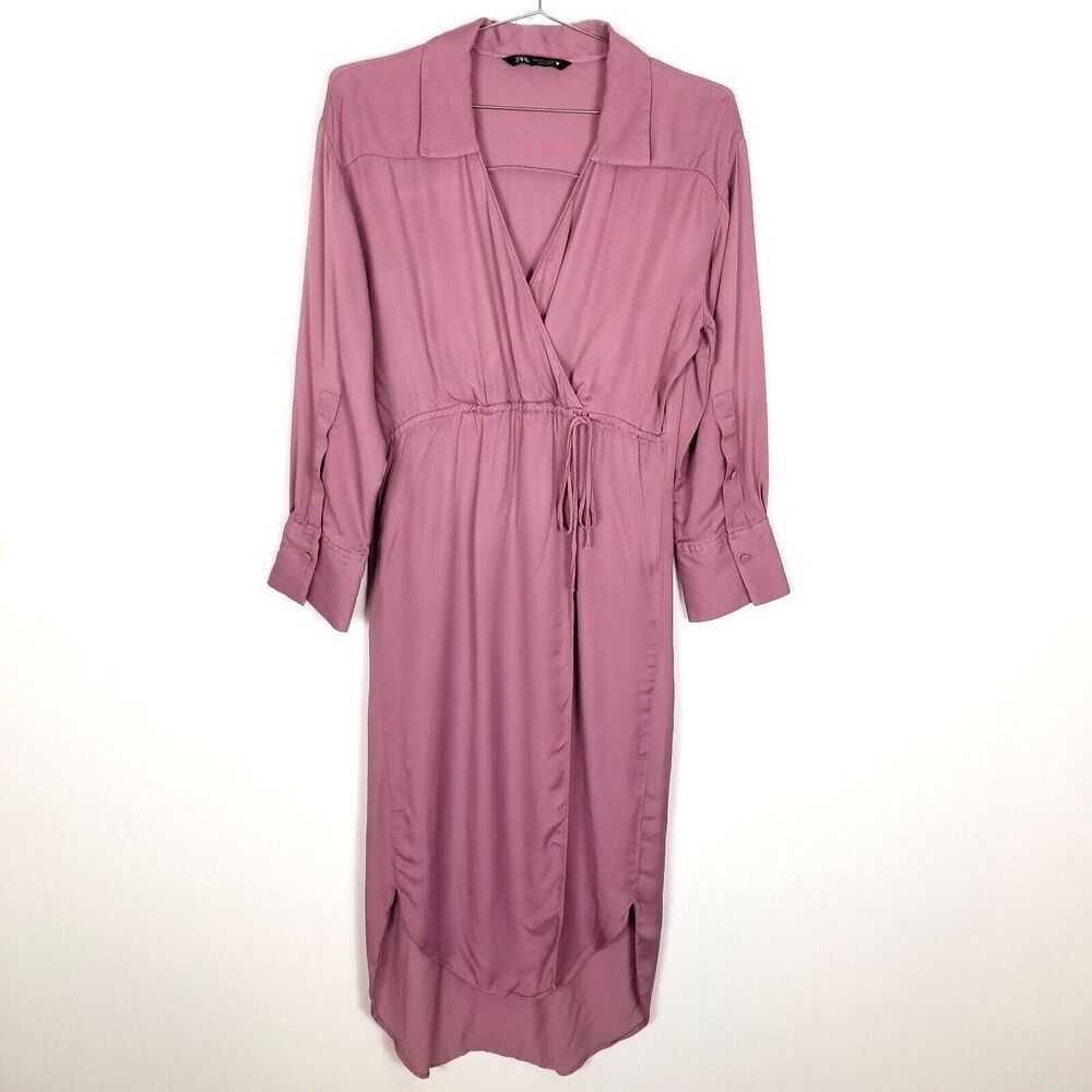 Zara Women Satin Effect Wrap Dress Size S Pale Pink Size Midi‎ Long Sleeve